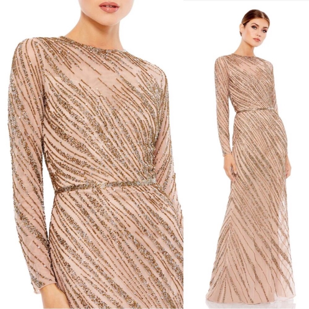 NWT MAC DUGGAL 5240 Beaded Mocha Brown Column Gown Long Sleeve Size 8